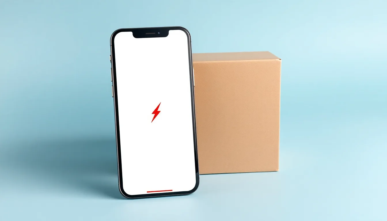 iPhone 12 Pro Max med laddningssymbol framför emballage för inskick