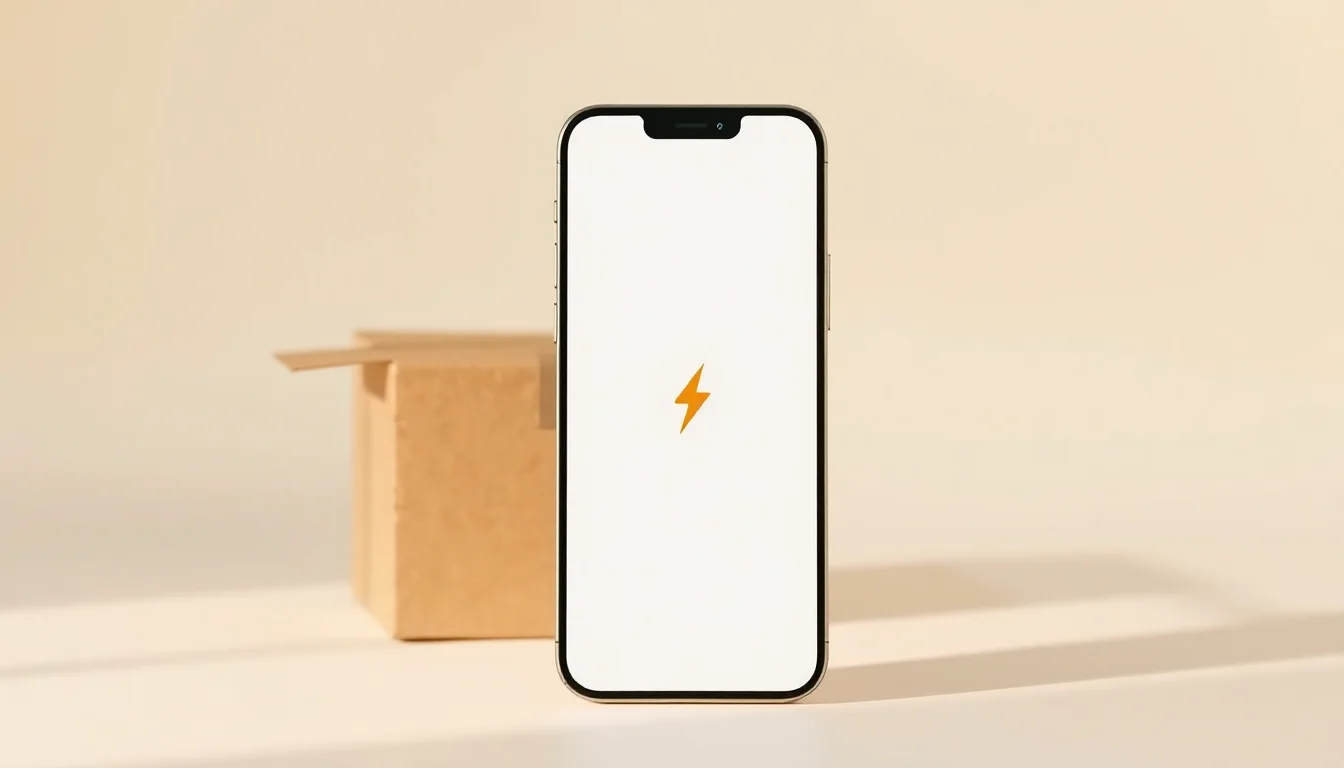 iPhone 13 mini med laddningssymbol framför emballage för inskick