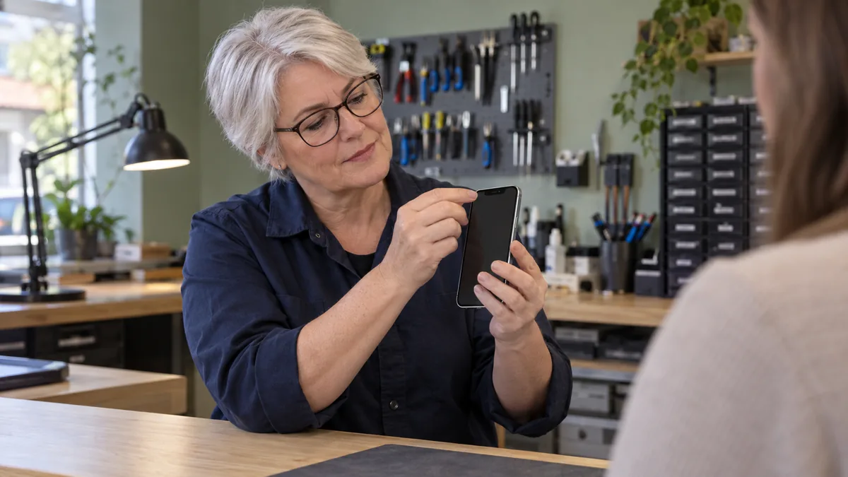 Illustration av en tekniker som visar kameraområdet på framsidan av en iPhone