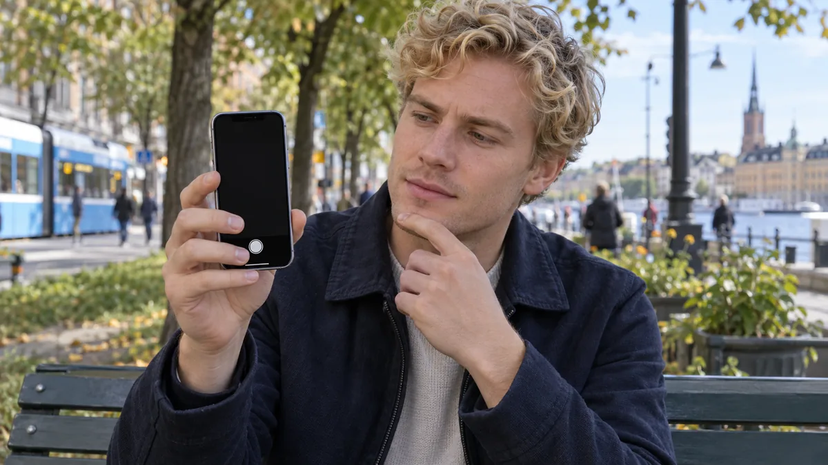 Illustration av en man som tittar på en svart kameraförhandsvisning på sin iPhone