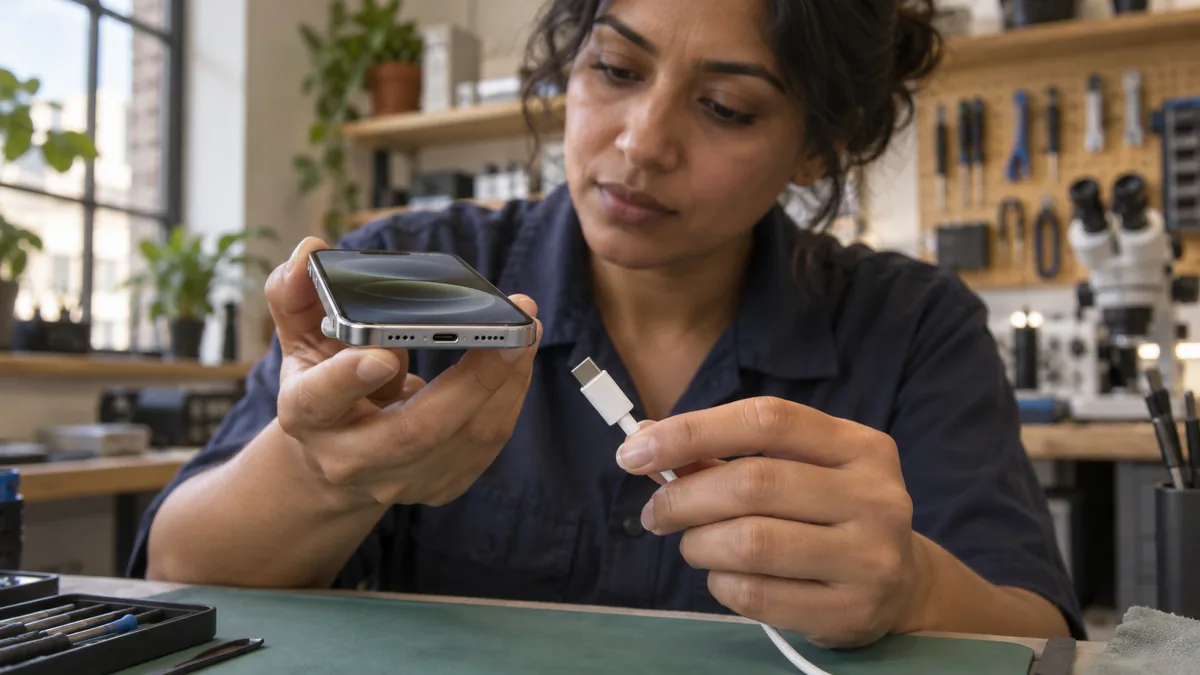 Illustration av en tekniker som kontrollerar USB-C-kontakten på en iPhone i verkstad