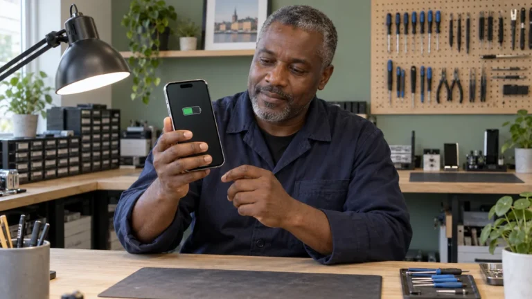 Illustration av en tekniker som kontrollerar batteriet på en iPhone i verkstad