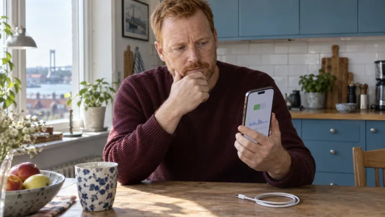 Illustration av en man som kontrollerar batteriinformation på en iPhone hemma