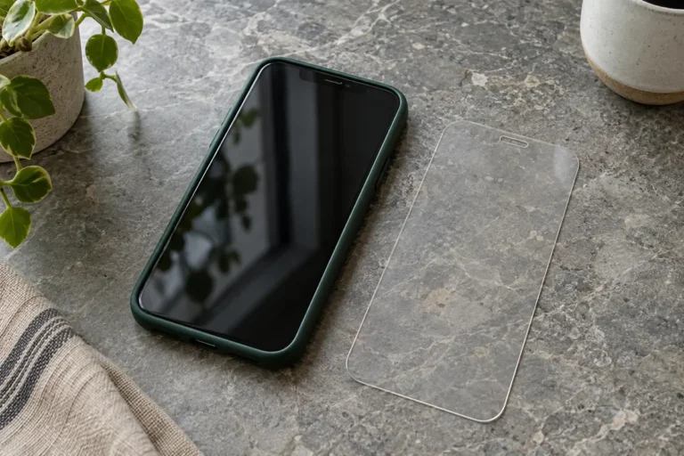 Telefon i grönt skal med ett separat genomskinligt skärmskydd