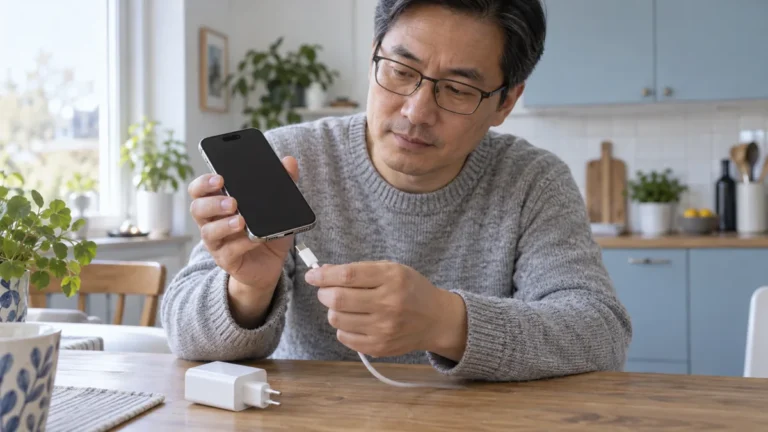 Illustration av en man som kontrollerar sin iPhone och en USB-C-kabel hemma