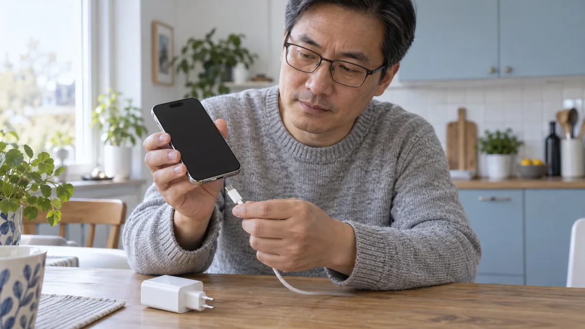 Illustration av en man som kontrollerar sin iPhone och en USB-C-kabel hemma