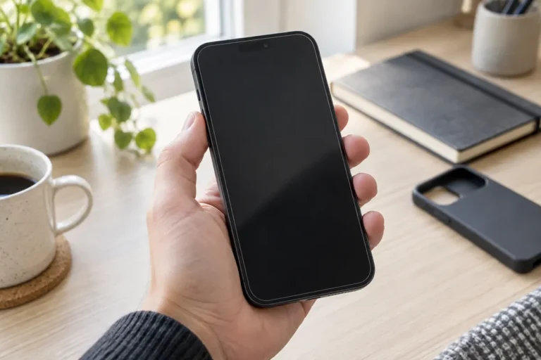 Hand som håller en hel telefon med skärmskydd på framsidan