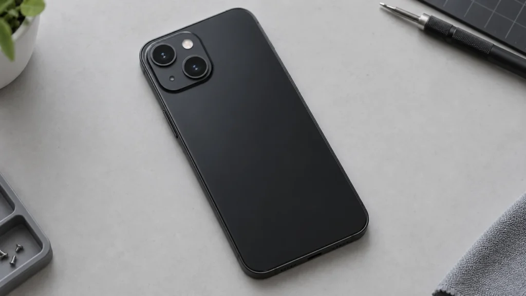 Illustrationsbild av en mobiltelefon med hel baksida på ett arbetsbord
