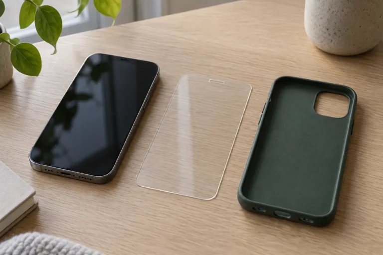Telefon, genomskinligt skärmskydd och grönt skal bredvid varandra