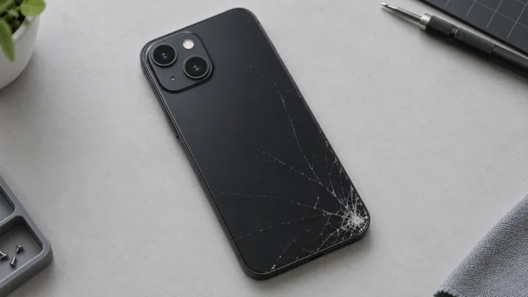 Illustrationsbild av en mobiltelefon med sprucket bakglas på ett arbetsbord