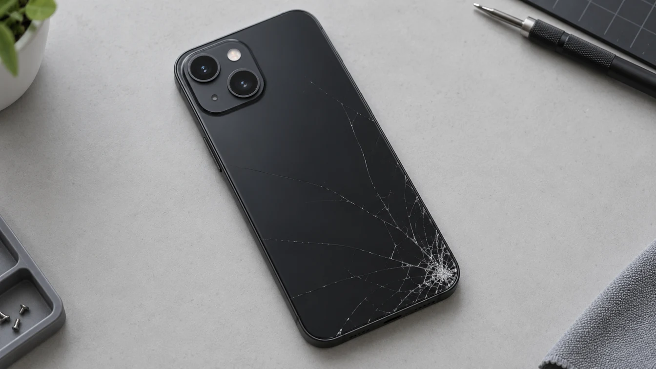 Illustrationsbild av en mobiltelefon med sprucket bakglas på ett arbetsbord