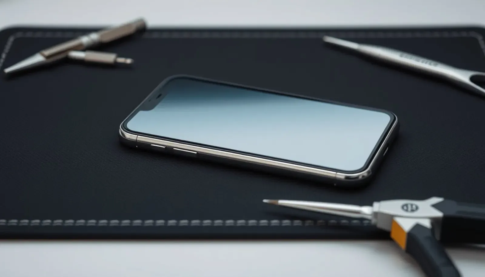 Illustrationsbild av en mobiltelefon på en reparationsmatta inför kontroll.