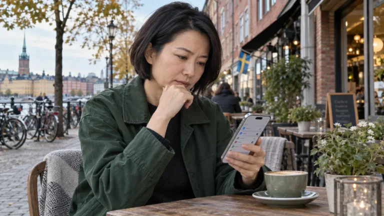 Illustration av en kvinna som kontrollerar inställningar på en iPhone vid ett kafé