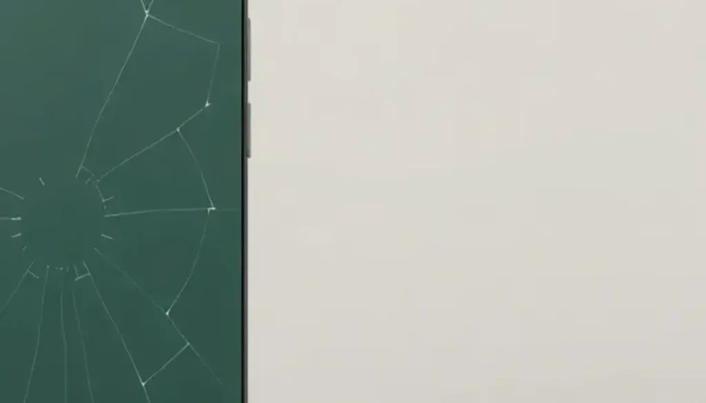 Närbild av sprucket mörkgrönt baksidesglas på iPhone 12