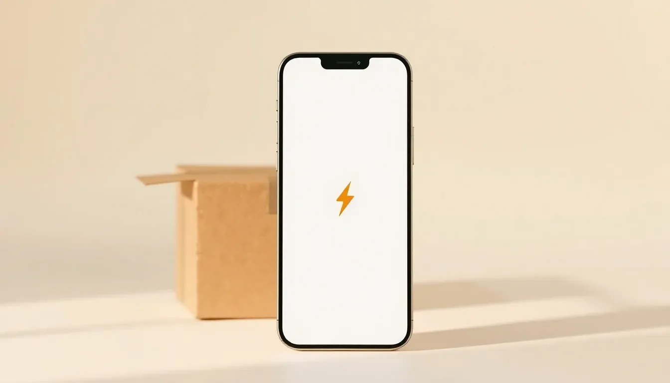 iPhone 13 mini med laddningssymbol framför emballage för inskick