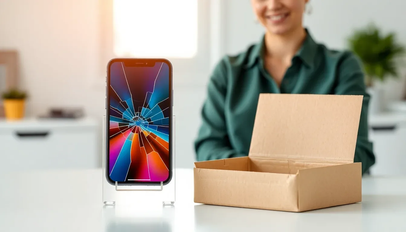 Sprucken iPhone bredvid en öppen postförpackning inför reparation