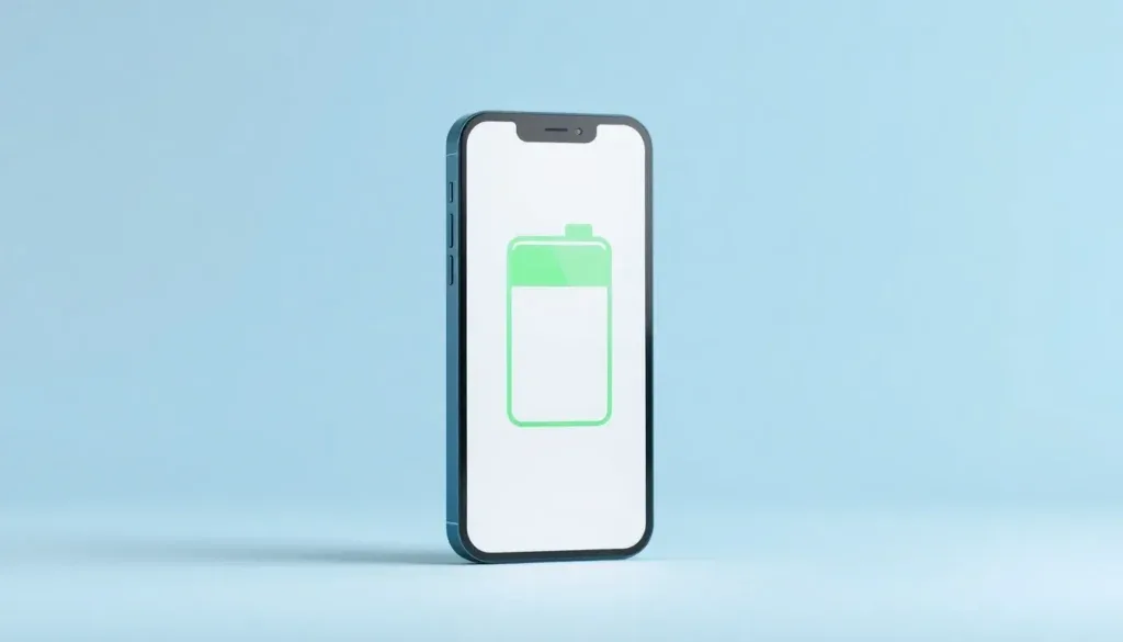 Frontvänd mörk telefon med grön batterisymbol mot ljus blågrå bakgrund