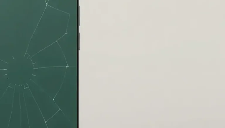 Närbild av sprucket mörkgrönt baksidesglas på iPhone 12