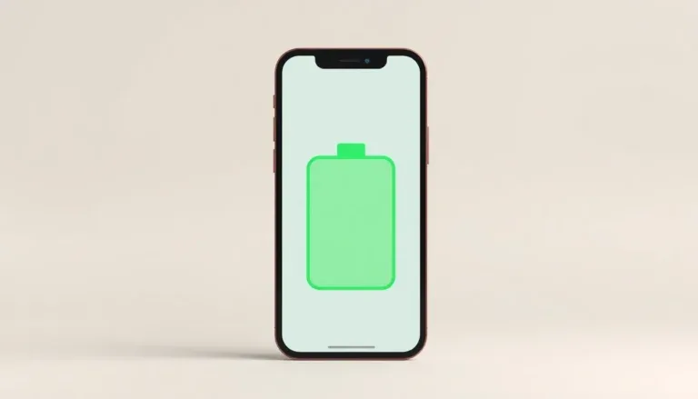 Frontvänd telefon med stor grön batterisymbol mot ljus bakgrund